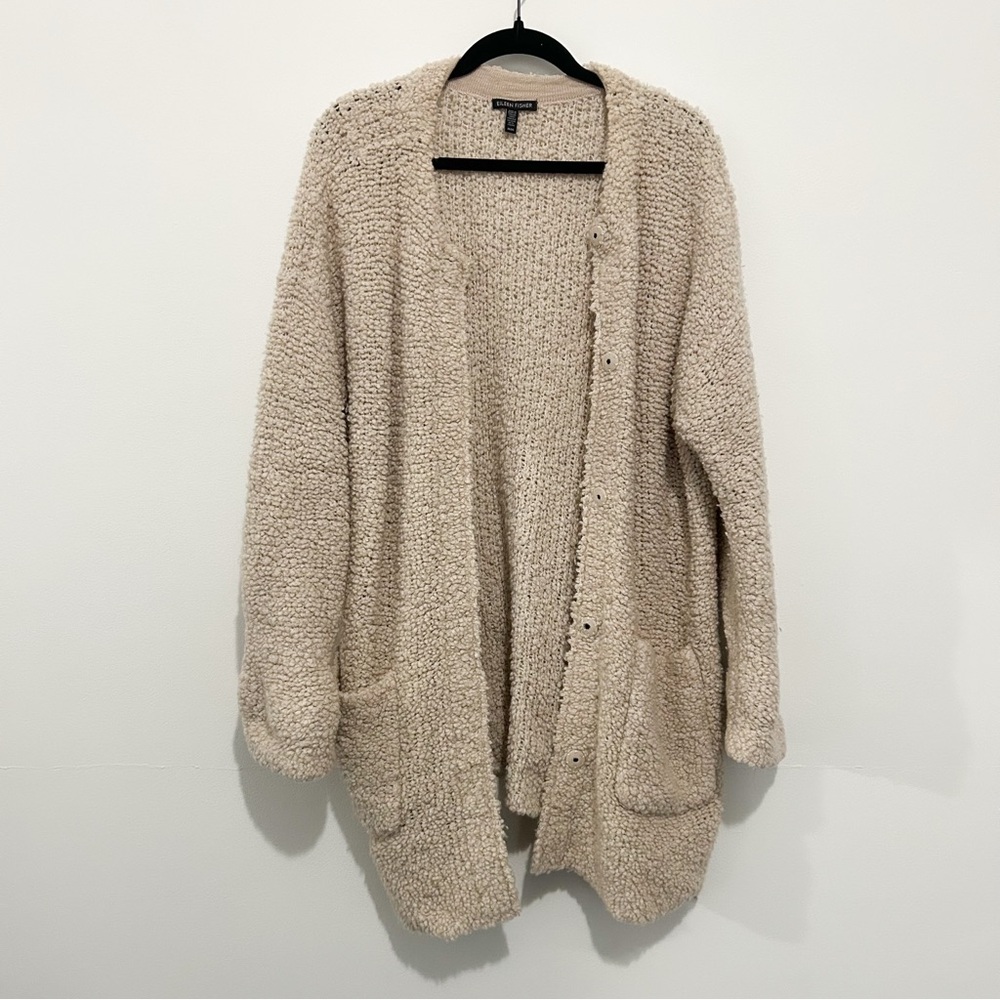 Eileen Fisher Cardigan Cream Teddy Boucle Wool Blend Snap Front Pockets Size M
